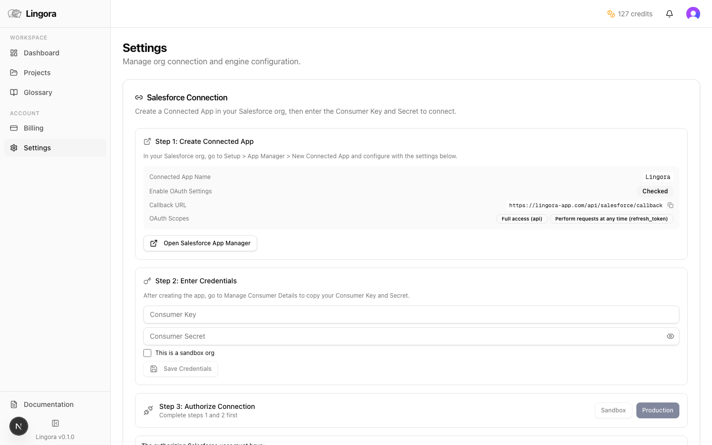 Salesforce connection settings